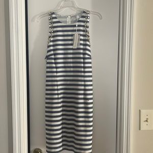 Trina Turk Sz 12 NWT blue and white striped dress w gem detailing on shoulder